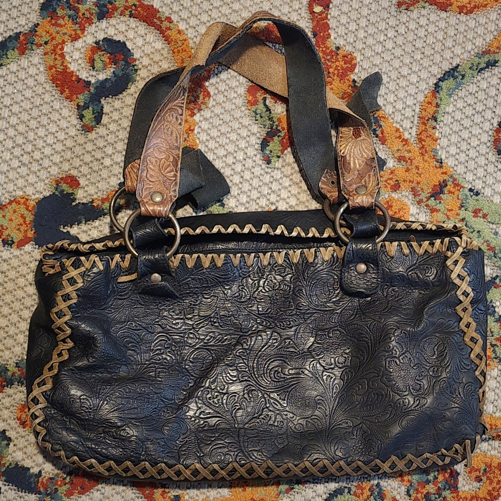 Vintage Santi Black Beautifully Embossed Leather Satchel